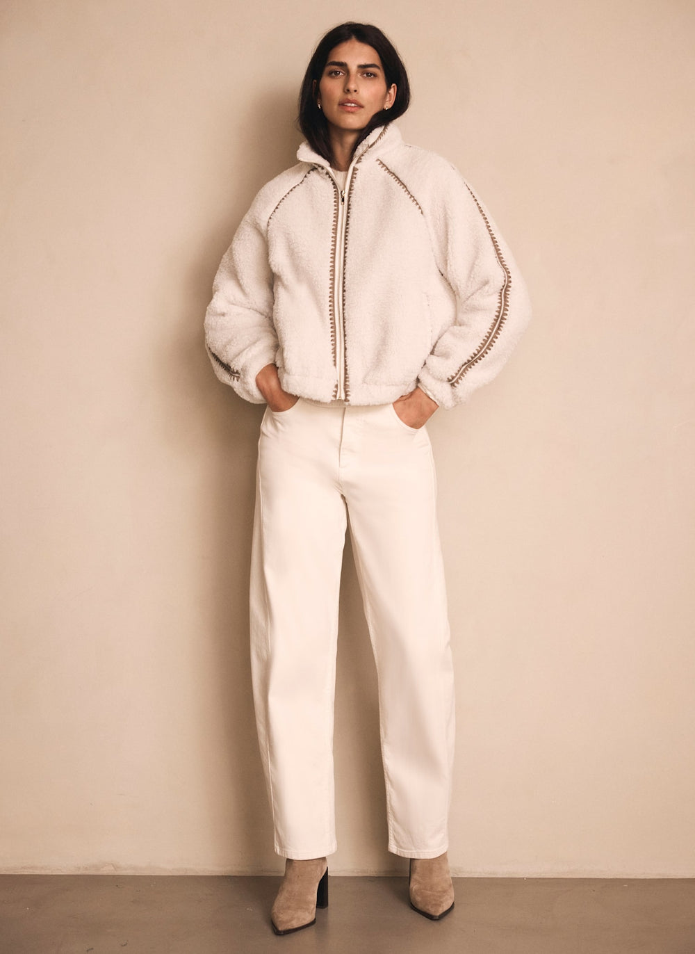 Cream Whipstitch Detail Borg Jacket