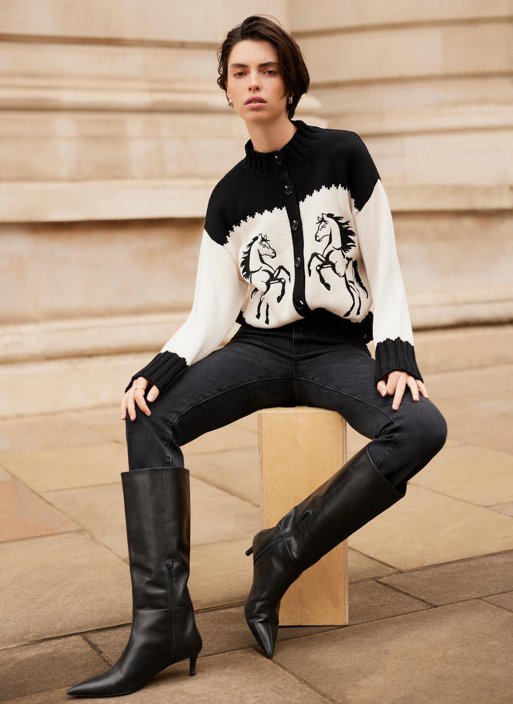 Black Cotton Blend Horse Cardigan