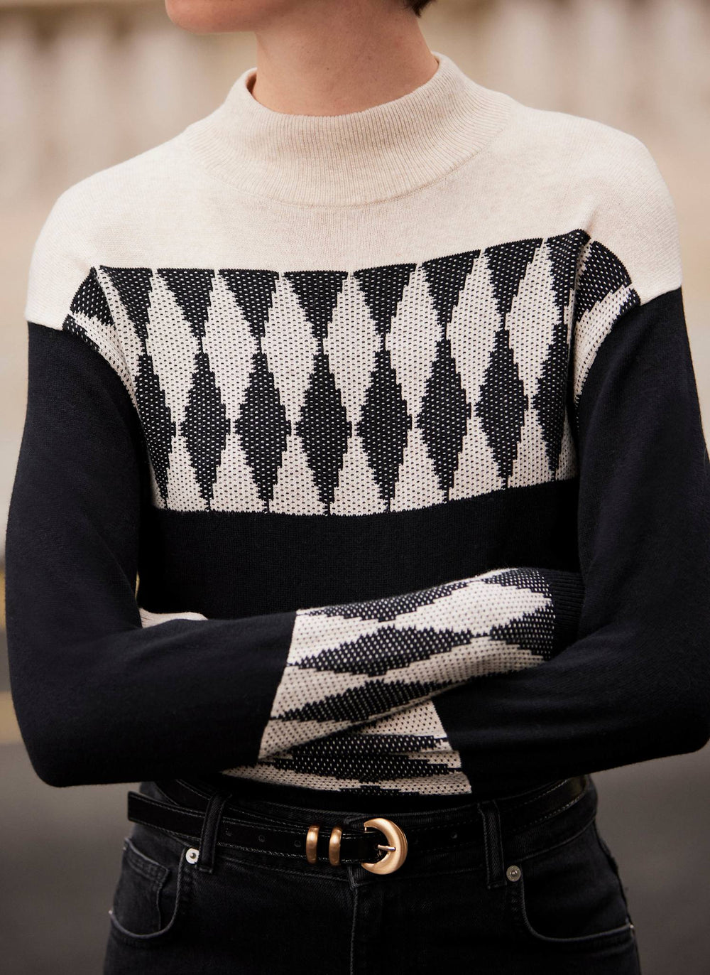 Neutral and Black Cotton Blend Graphic Jumper