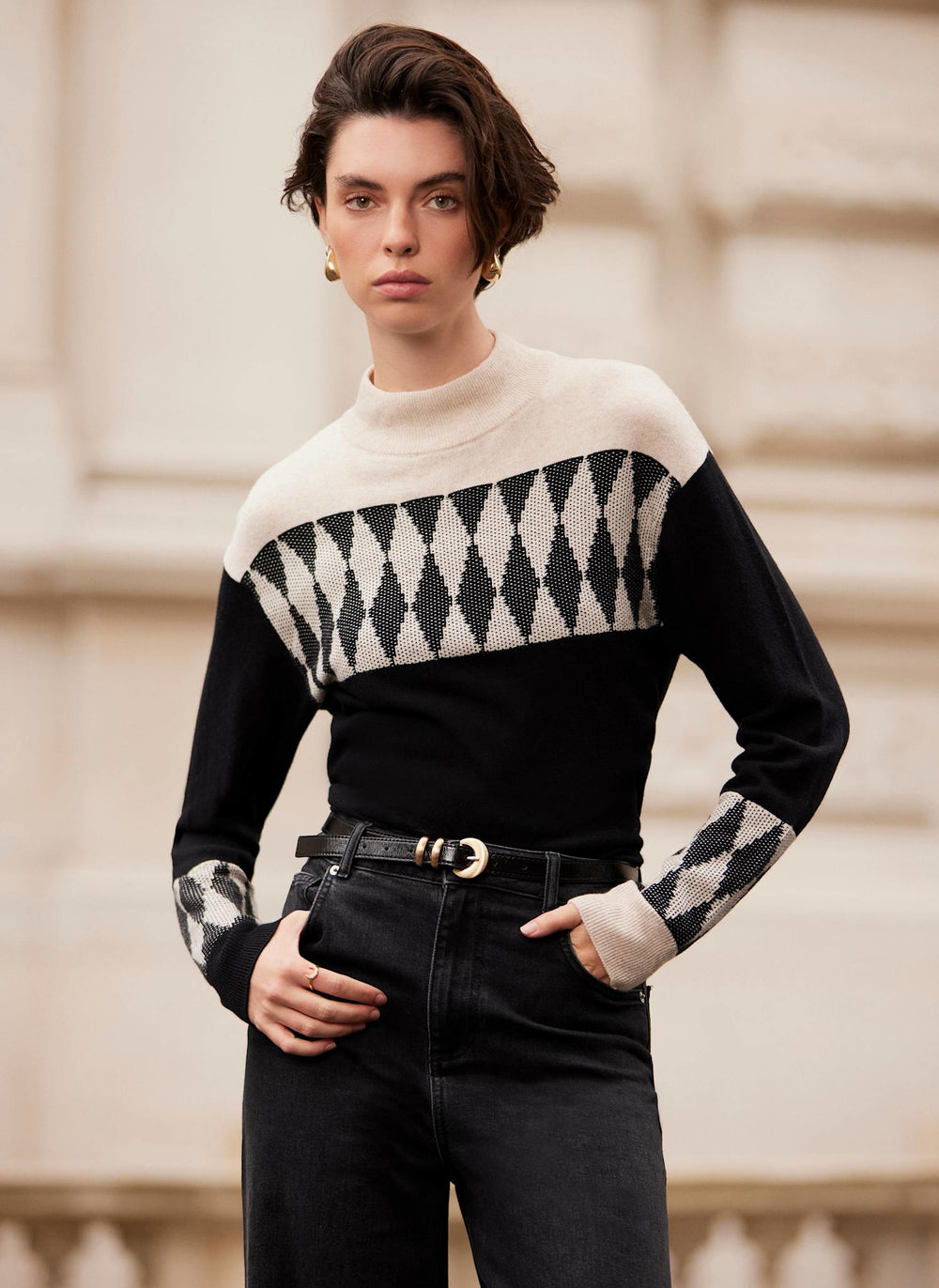 Neutral and Black Cotton Blend Graphic Jumper