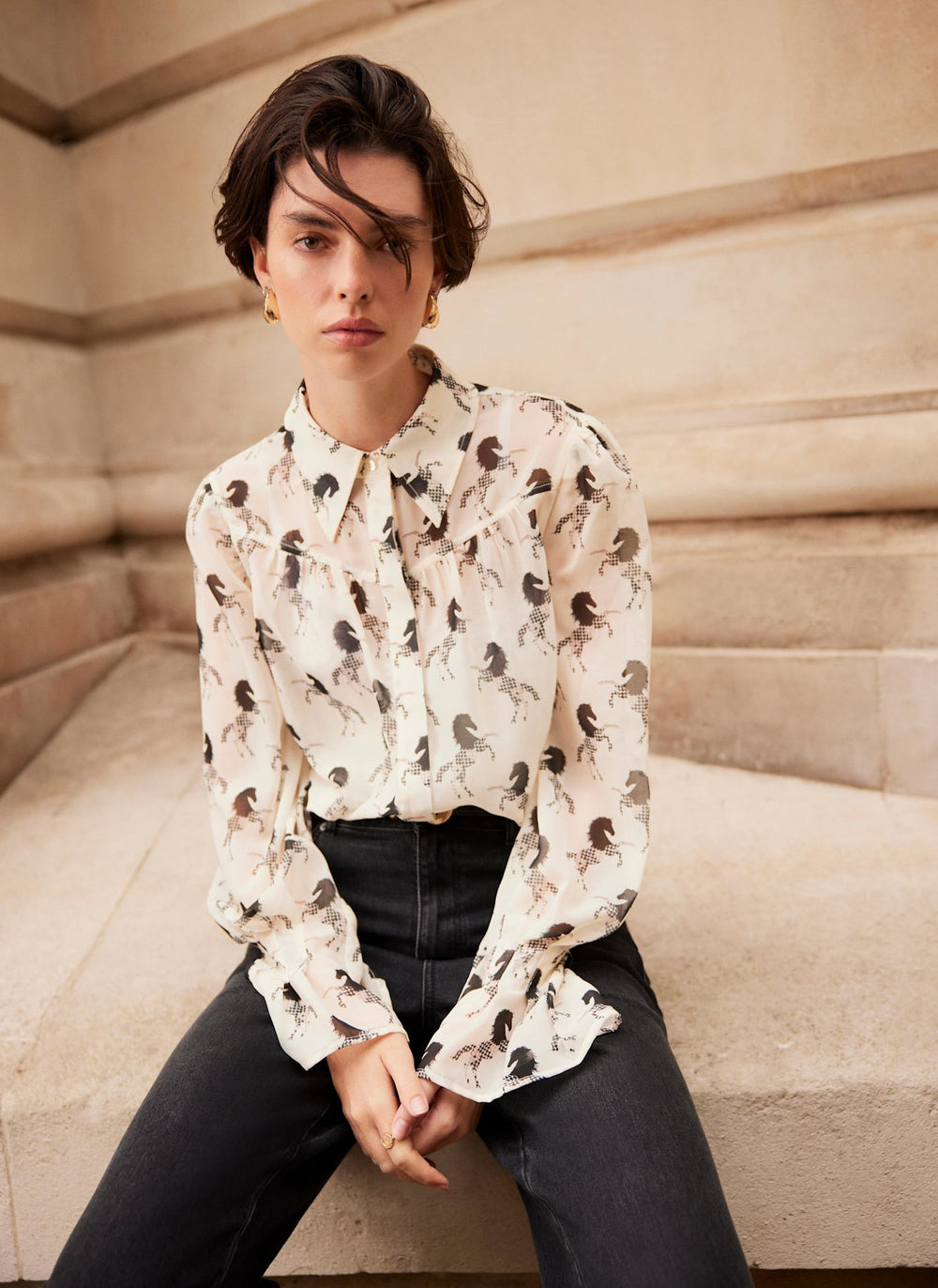 Cream Horse Print Sheer Blouse