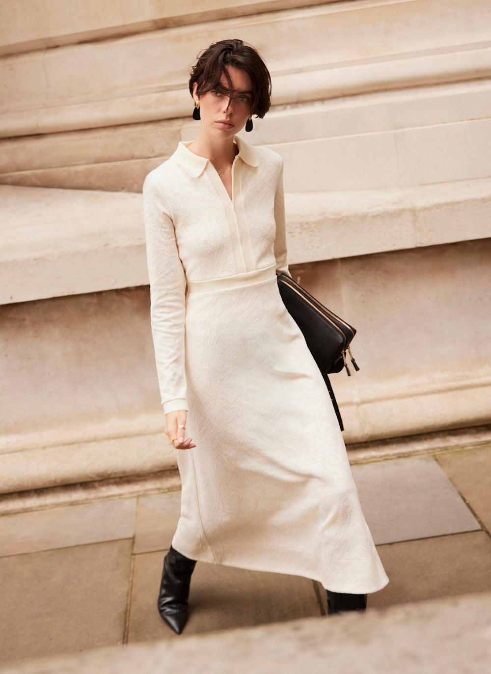 Cream Jacquard Print Midi Dress