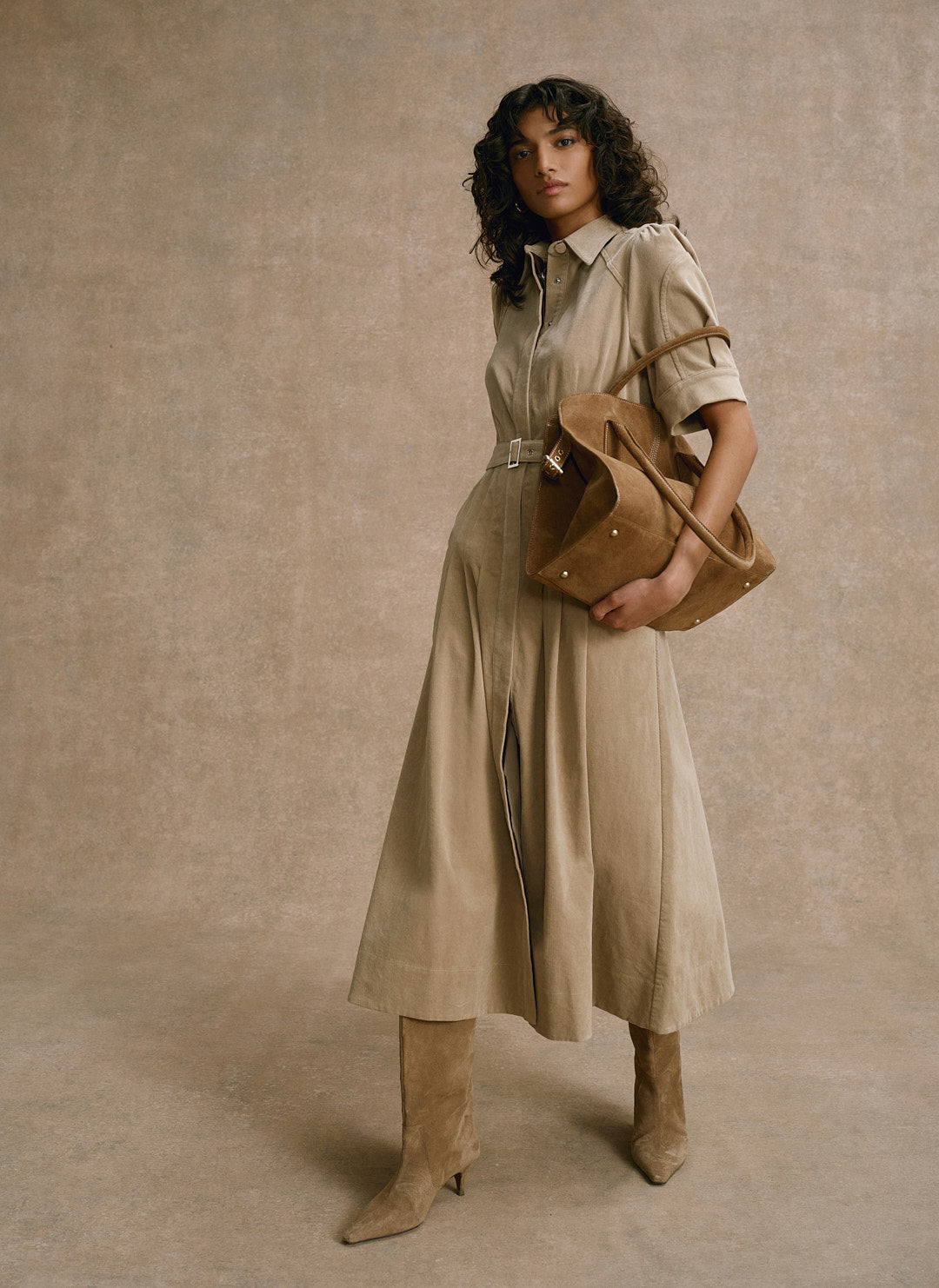 Neutral Corduroy Belted Midi Dress – Mint Velvet