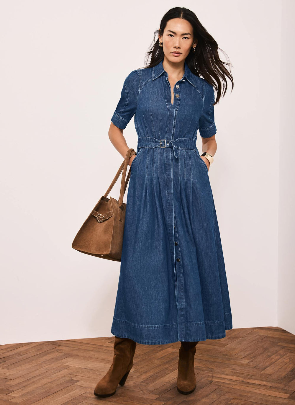 Indigo Denim Midi Shirt Dress
