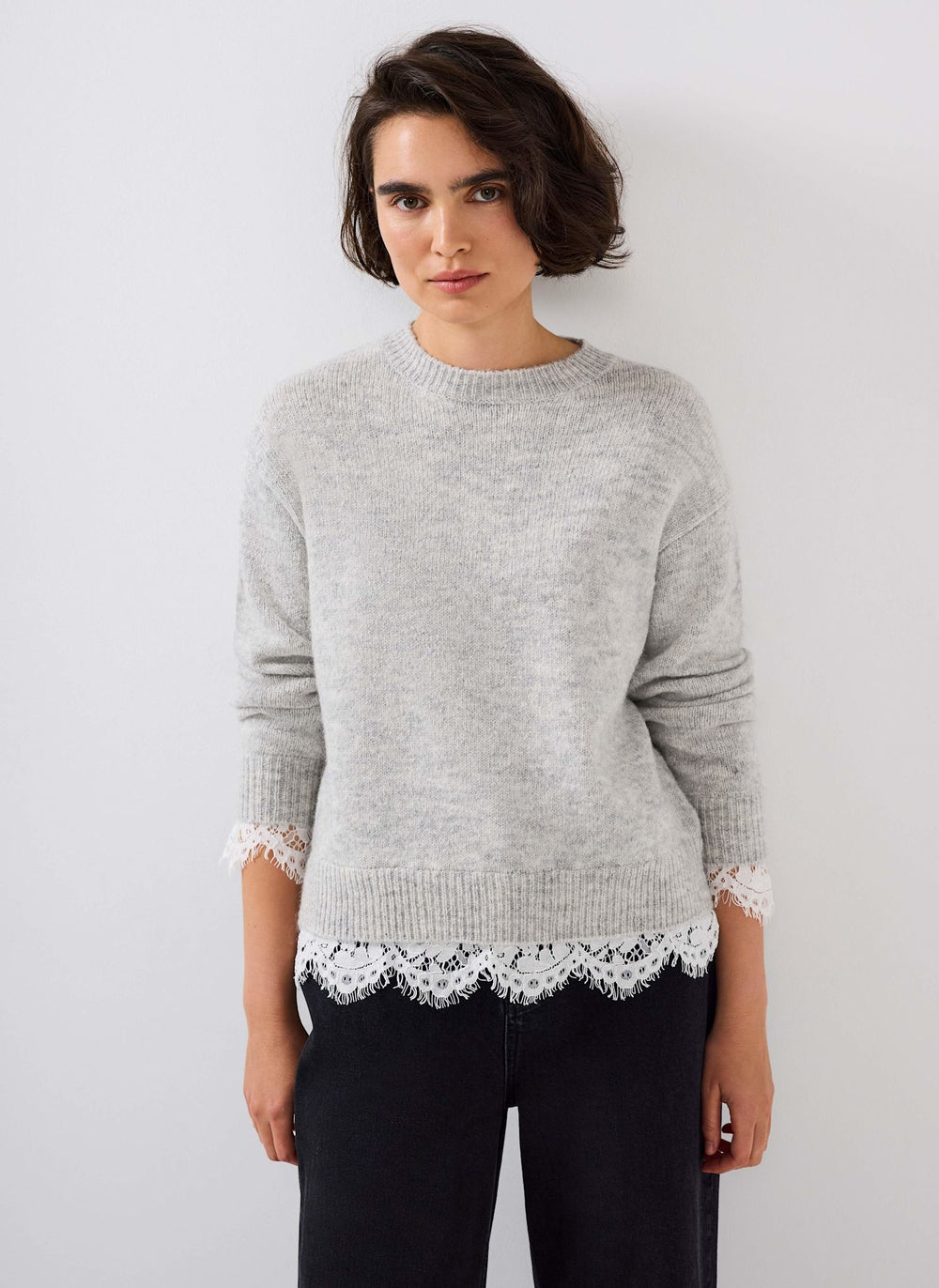 Grey Lace Detail Wool Blend Jumper