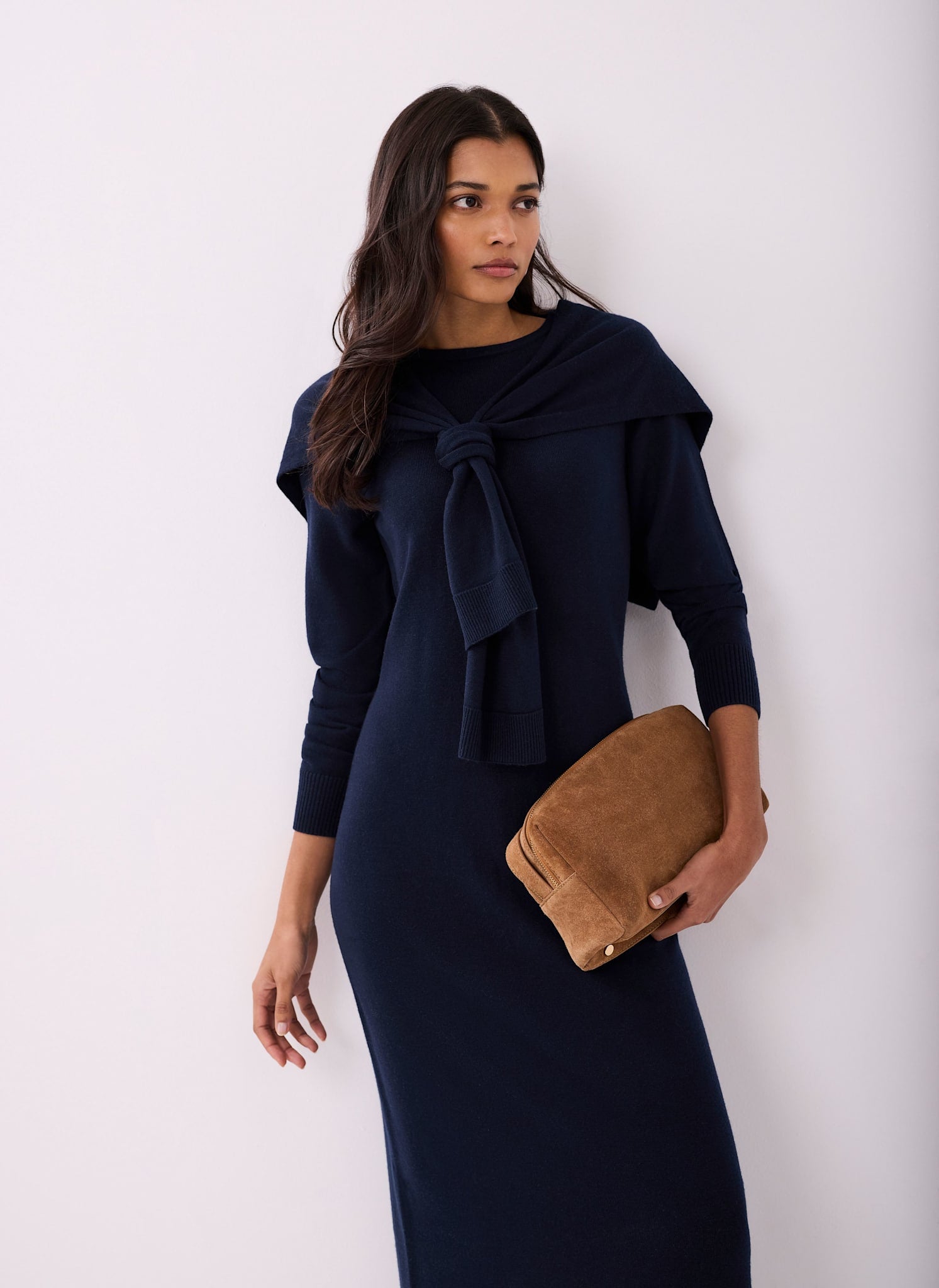 Navy Scarf Detail Knit Midi Dress – Mint Velvet