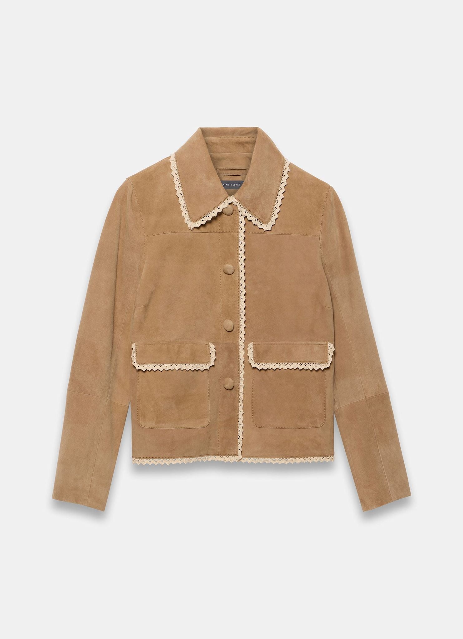 Neutral Suede Crochet Trim Jacket – Mint Velvet