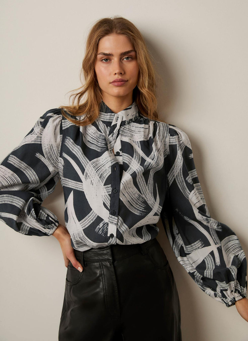Black Abstract Print Bomber Blouse