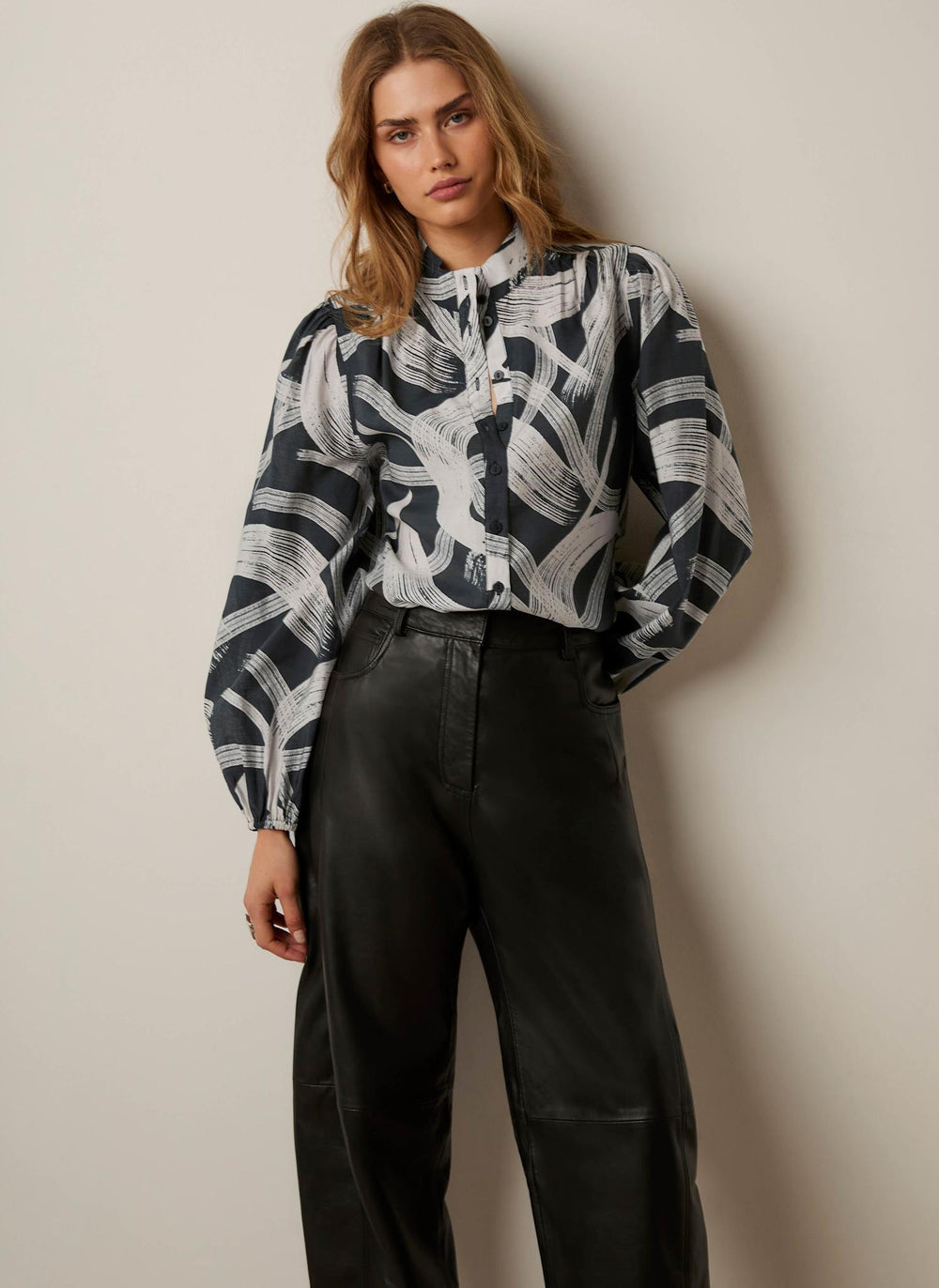 Black Abstract Print Bomber Blouse