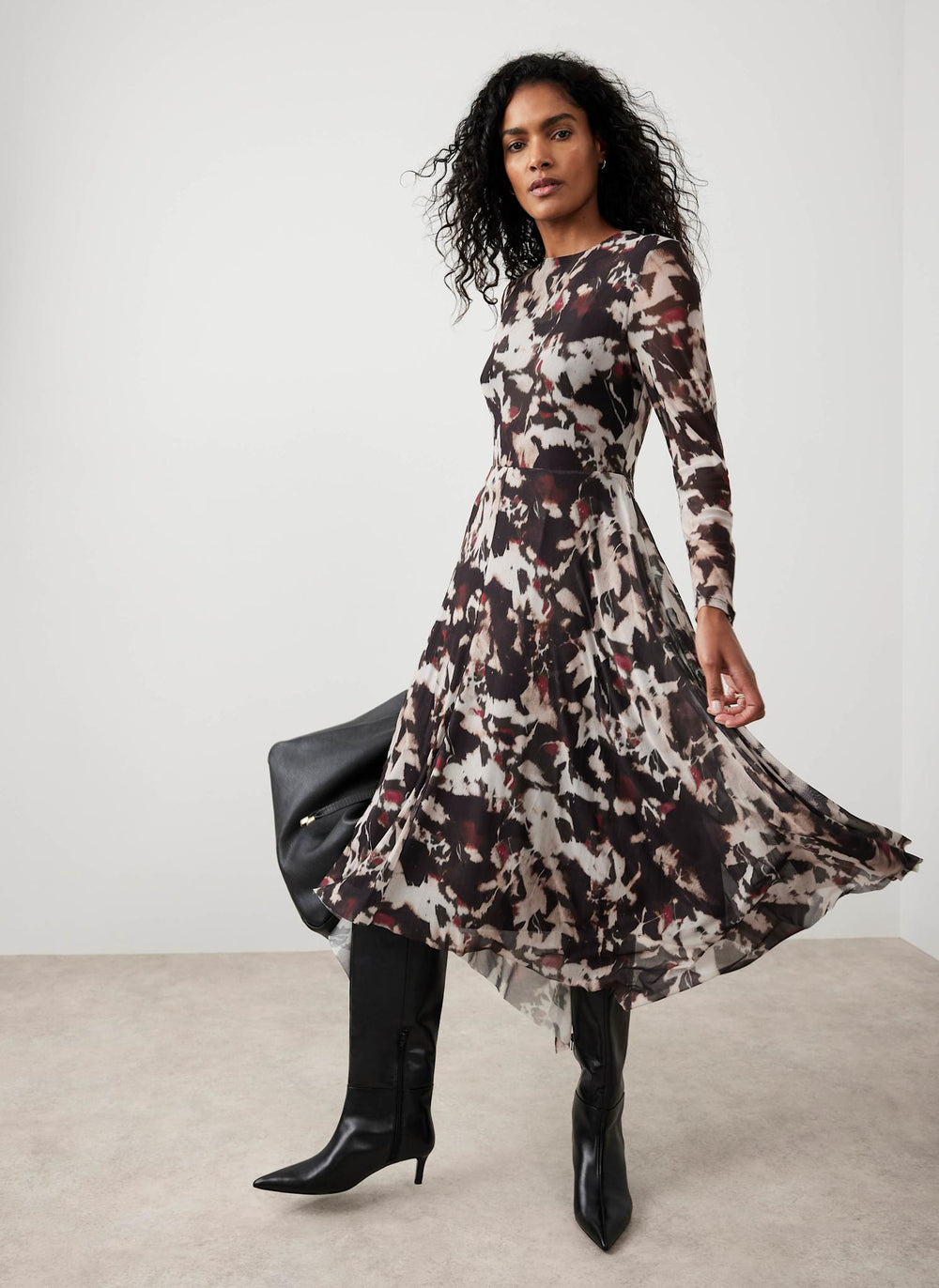 Burgundy Abstract Print Mesh Midi Dress