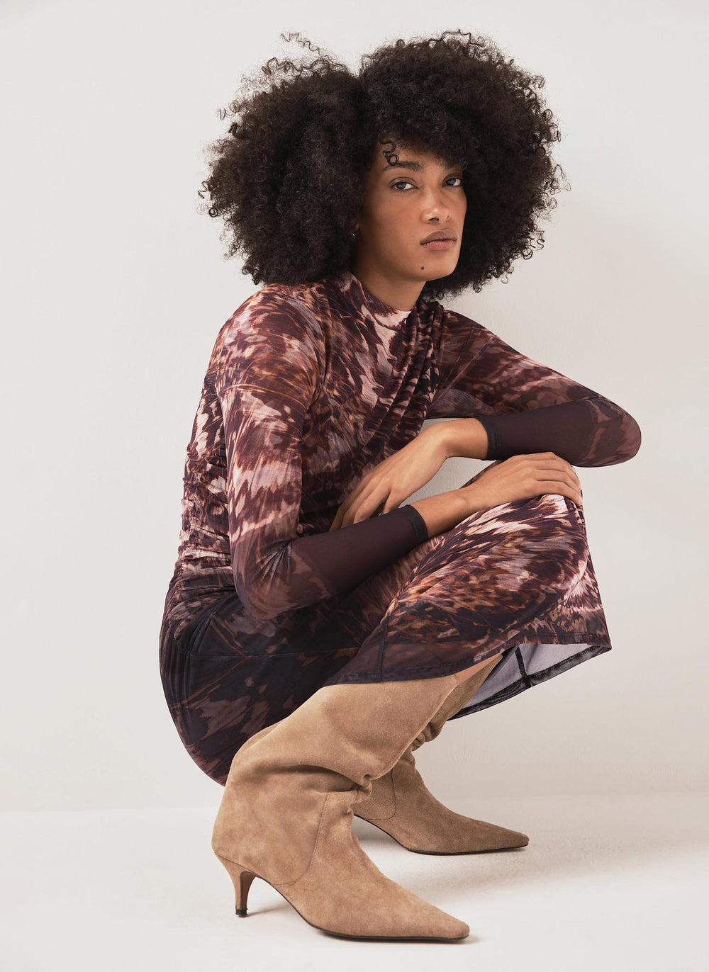 Burgundy Abstract Print Mesh Midi Dress