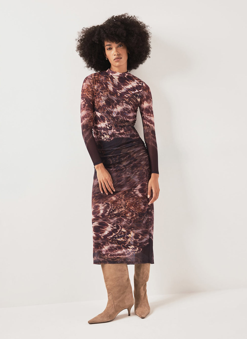 Burgundy Abstract Print Mesh Midi Dress
