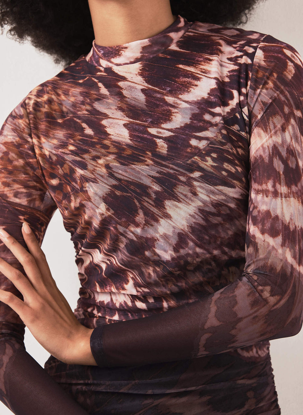 Burgundy Abstract Print Mesh Midi Dress
