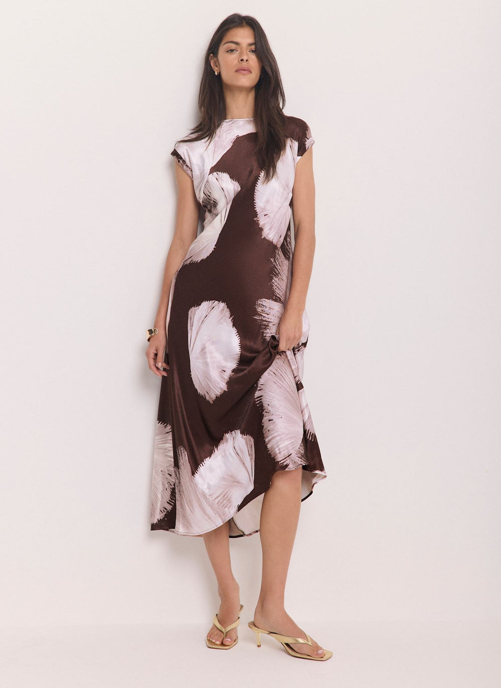Brown Satin Abstract Print Midi Dress