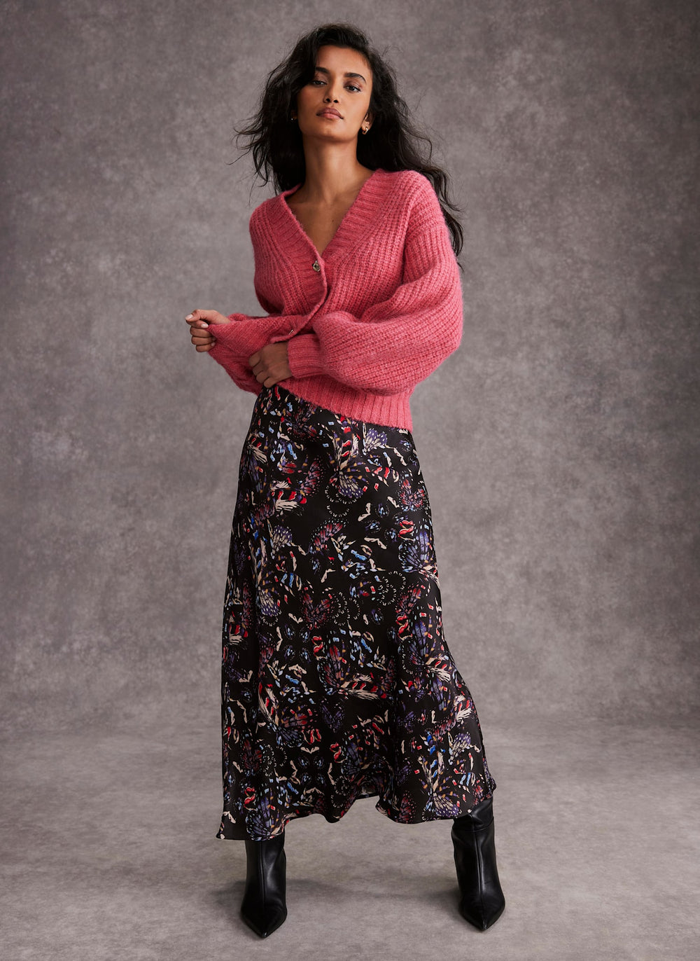 Black Abstract Print Satin Midi Slip Skirt