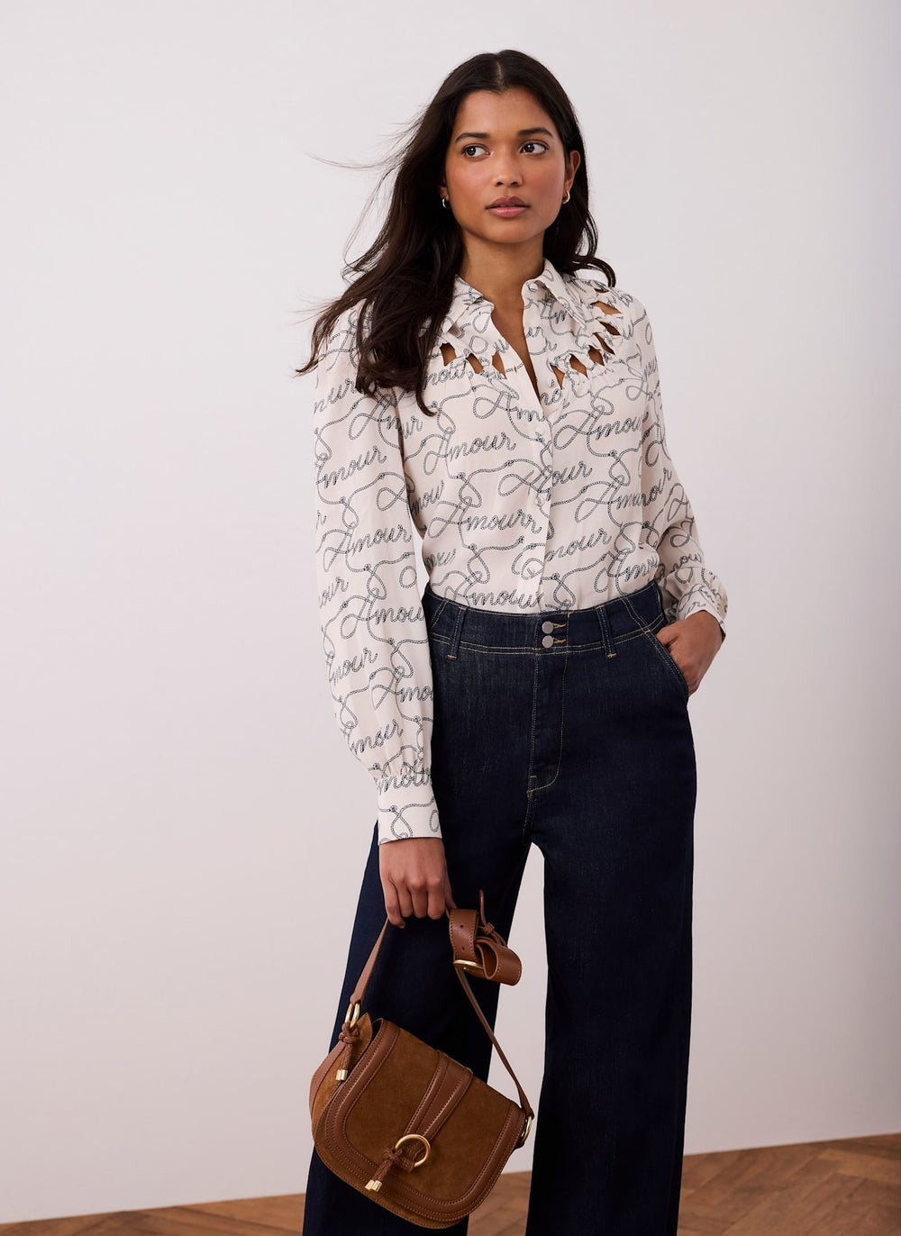 Cream Amour Print Bow Shirt