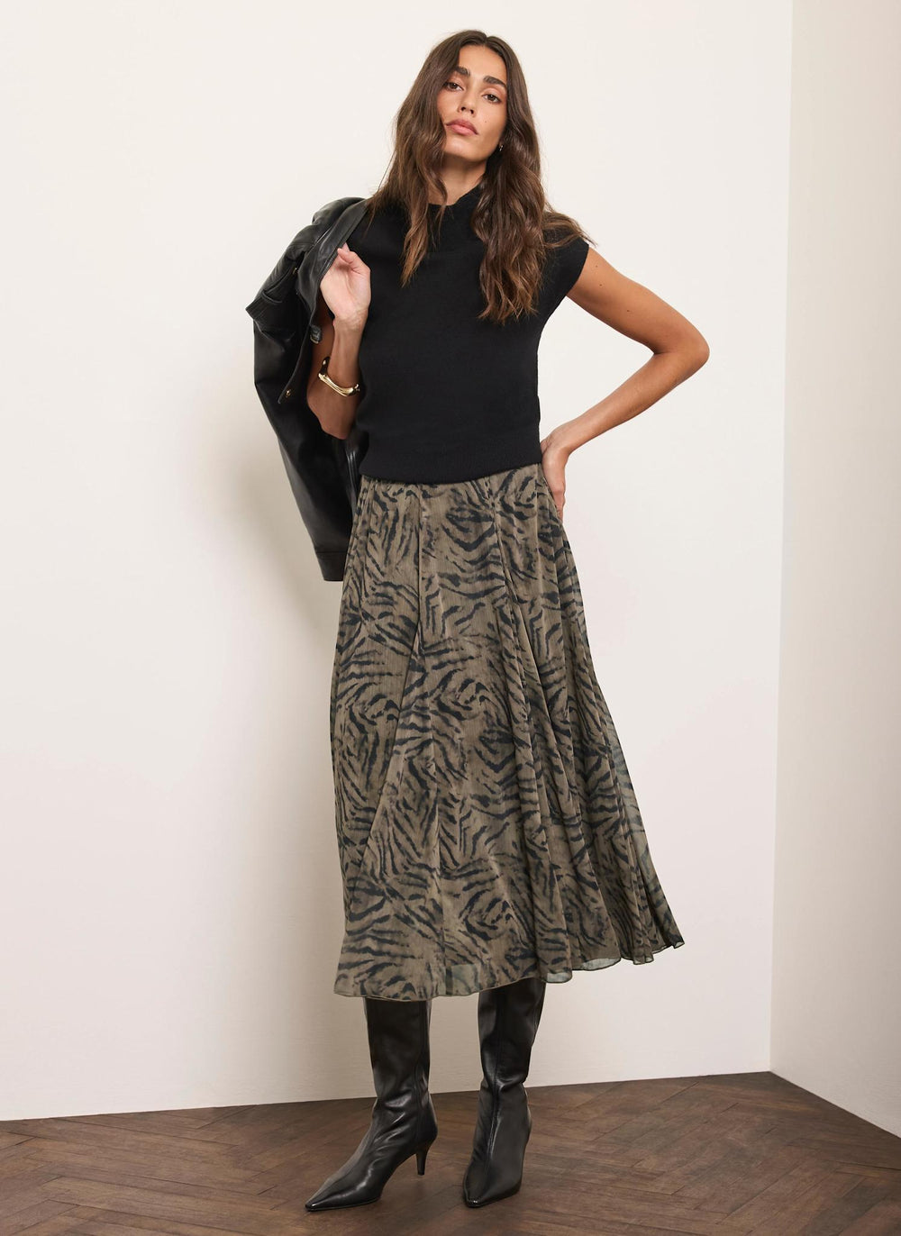 Brown Animal Print Midi Skirt