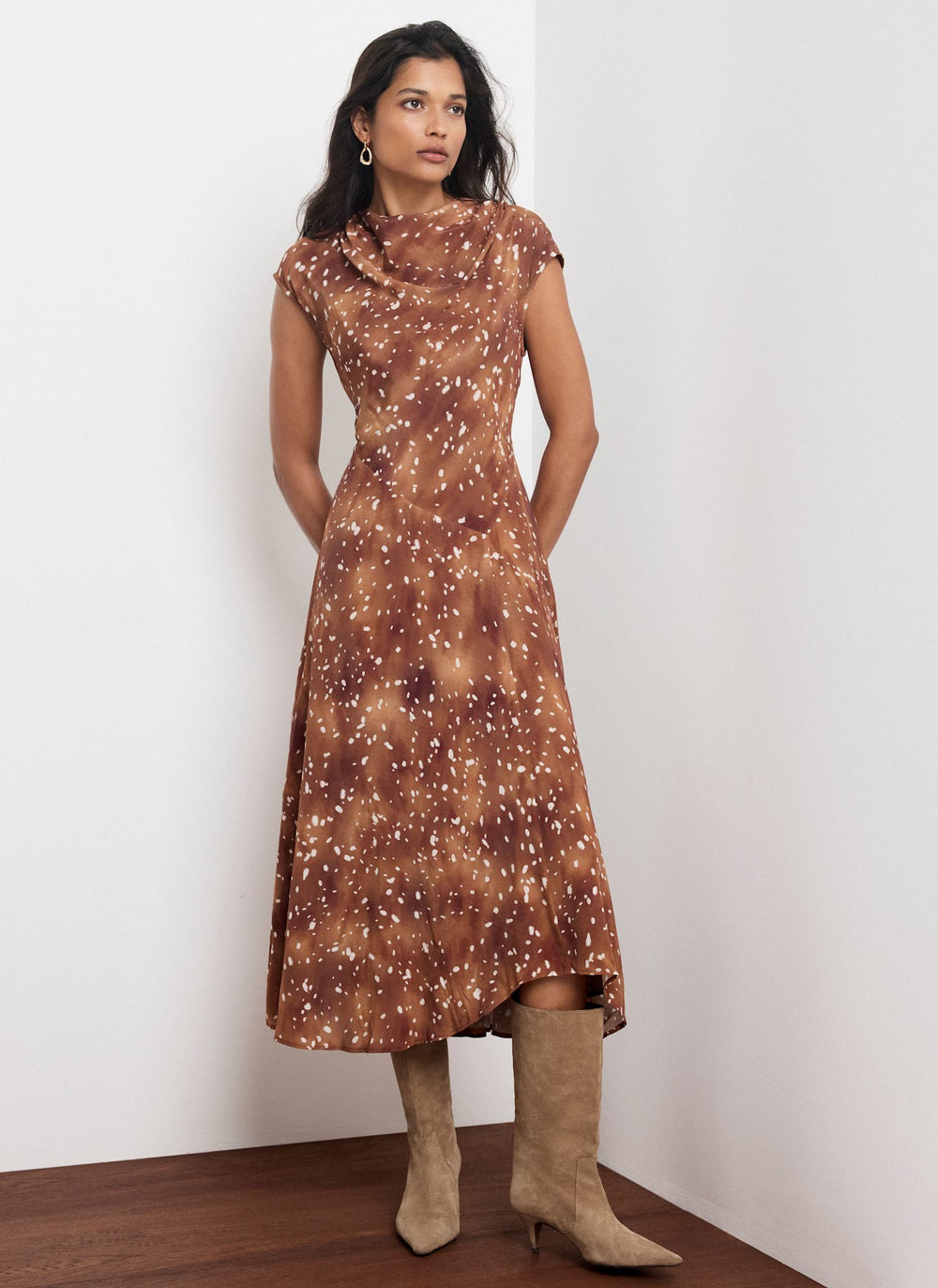 Brown Deer Print Asymmetric Waist Midi Dress