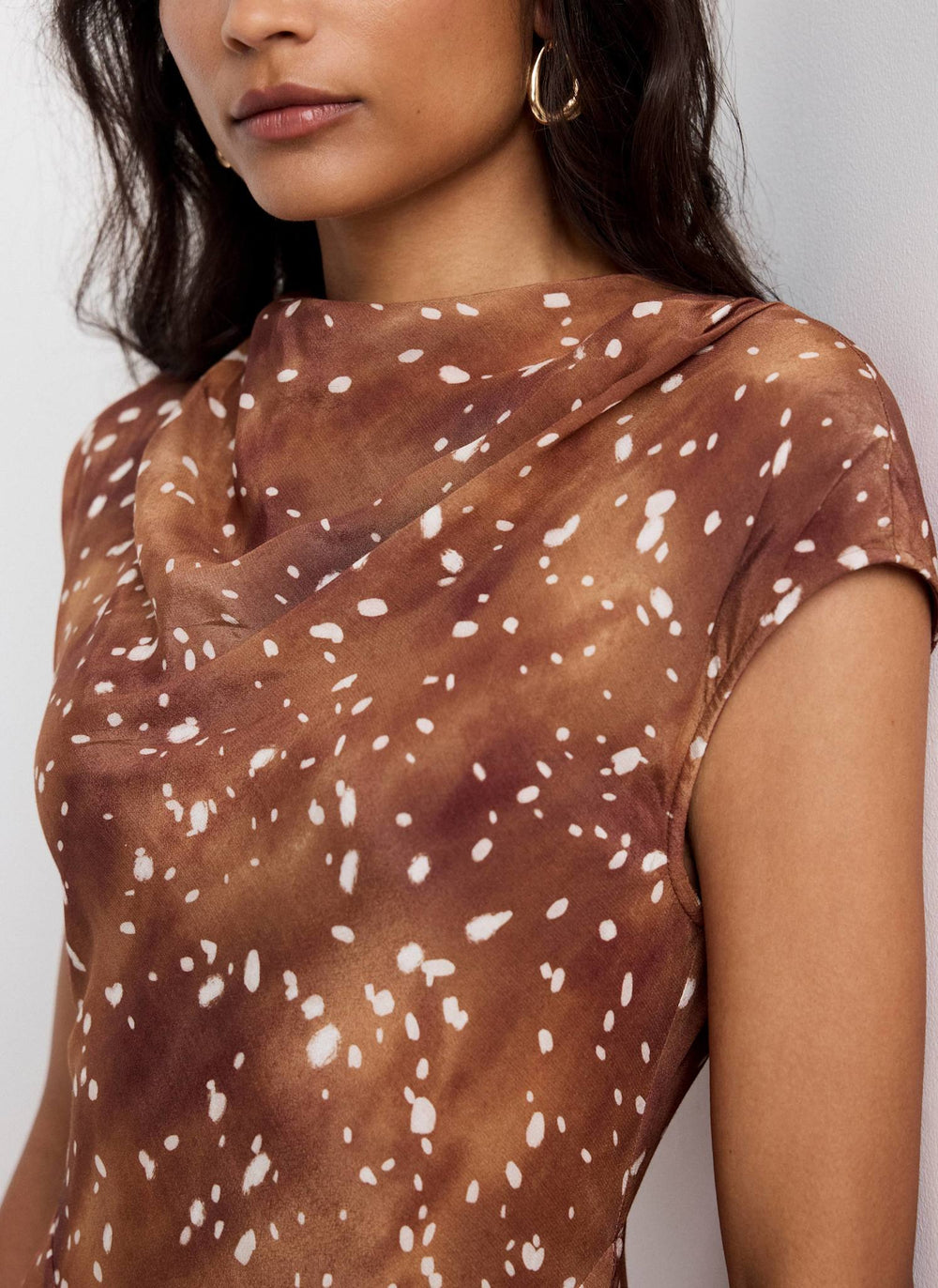 Brown Deer Print Asymmetric Waist Midi Dress