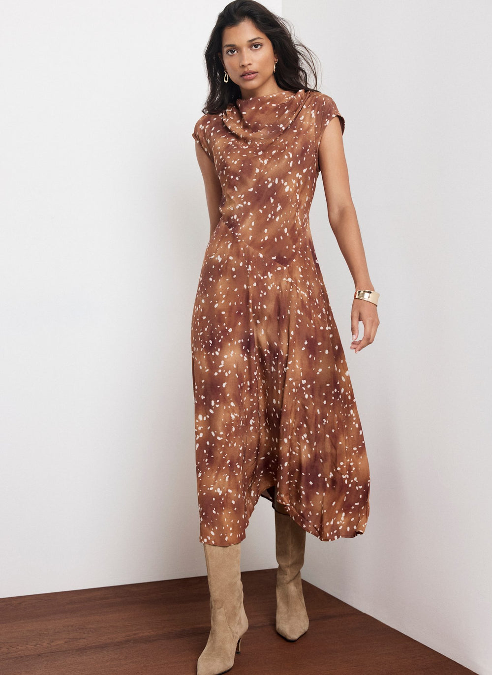 printed asymmetric midi dress Mint Velvet Brown Deer Print Waist | Size 6 | Brown | Long Sleeve Size:12-18 Months