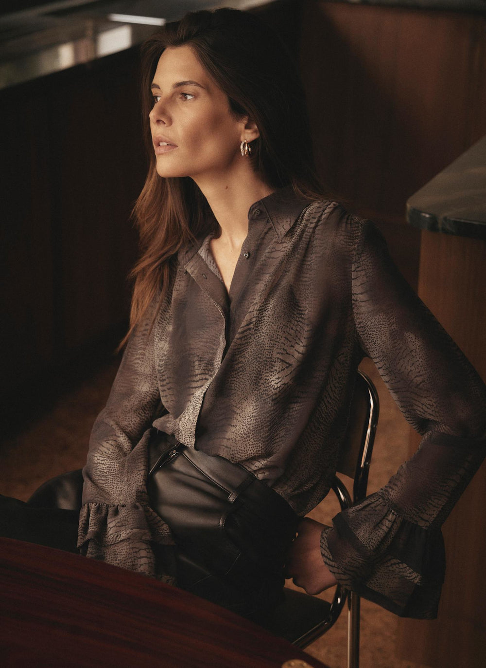 Brown Animal Print Fluted Shirt