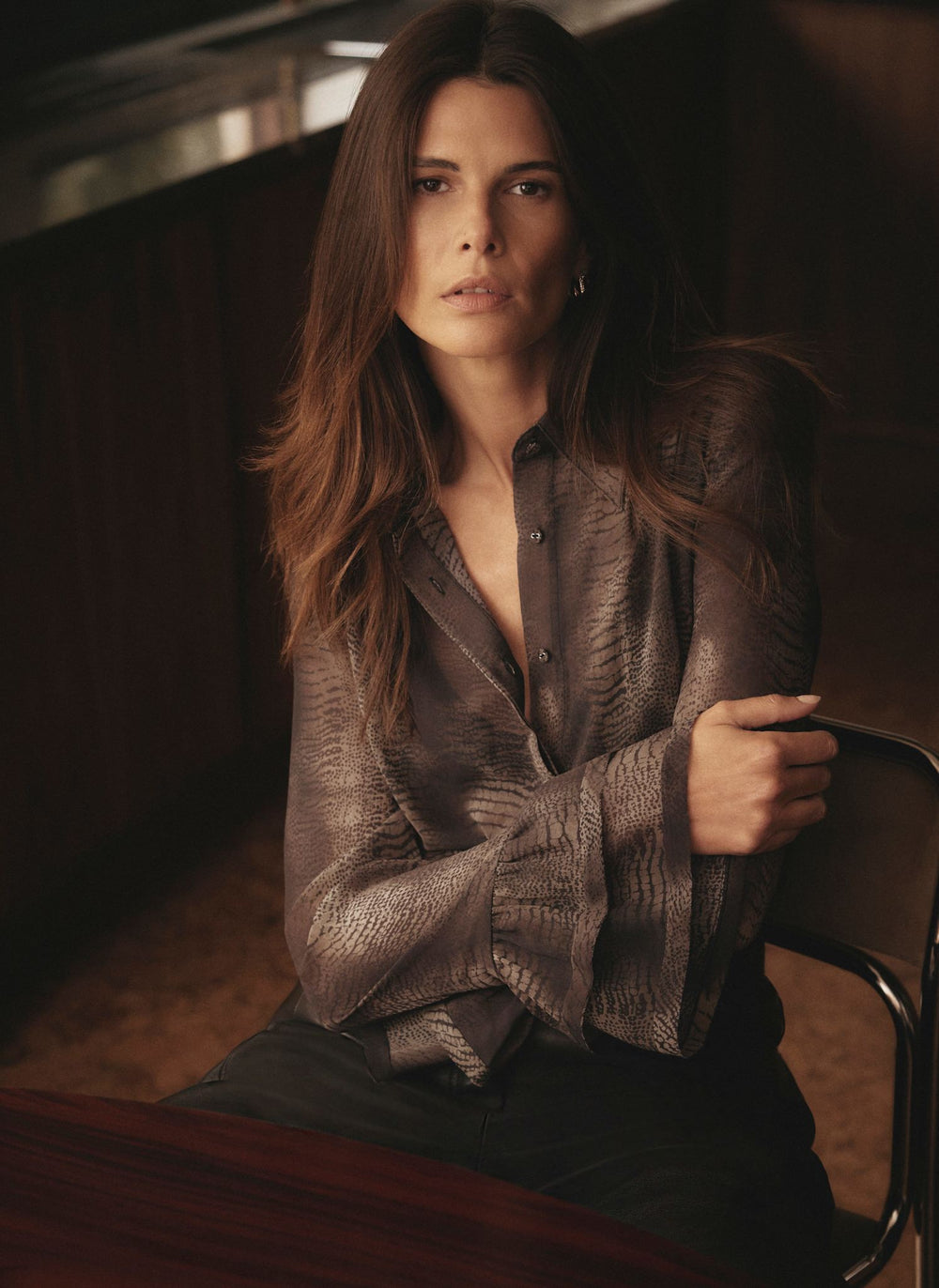 Brown Animal Print Fluted Shirt