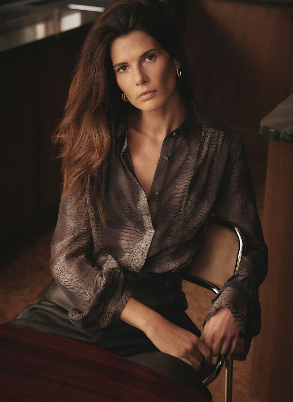 Brown Animal Print Fluted Shirt