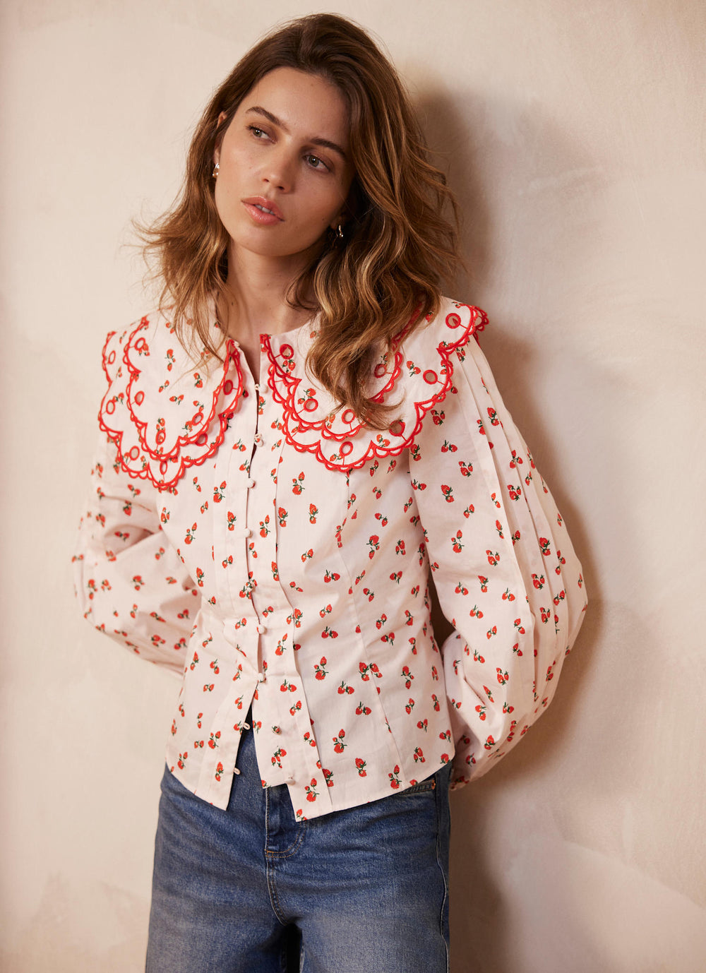 Strawberry Print Statement Collar Blouse