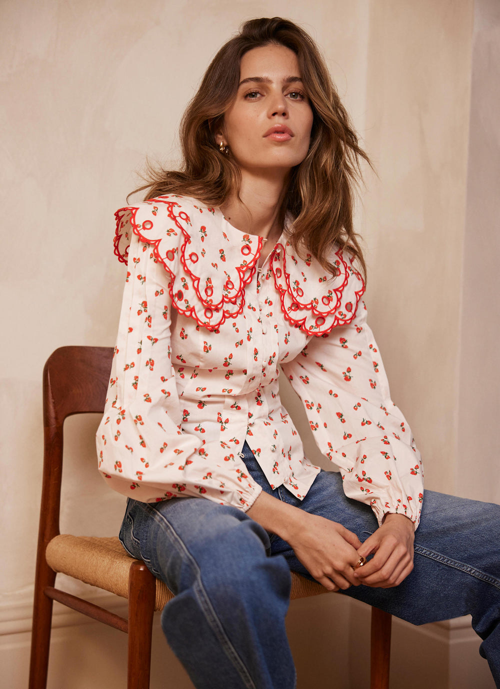 Strawberry Print Statement Collar Blouse