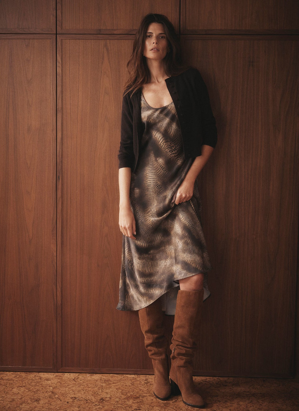 Brown Animal Print 2-in-1 Midi Dress