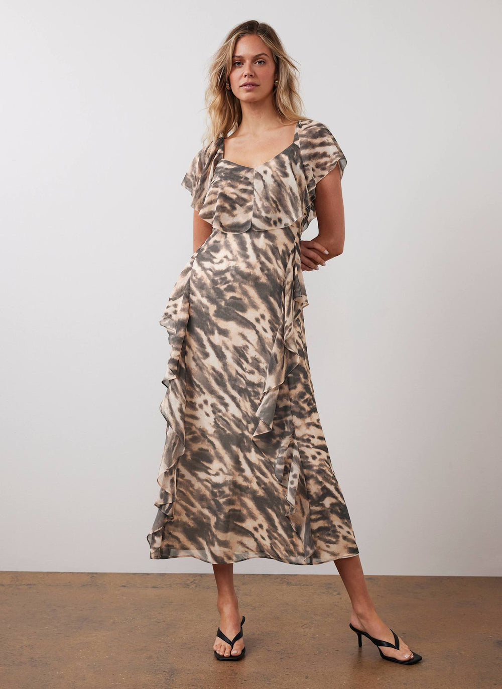 Neutral Print Cape Sleeve Maxi Dress