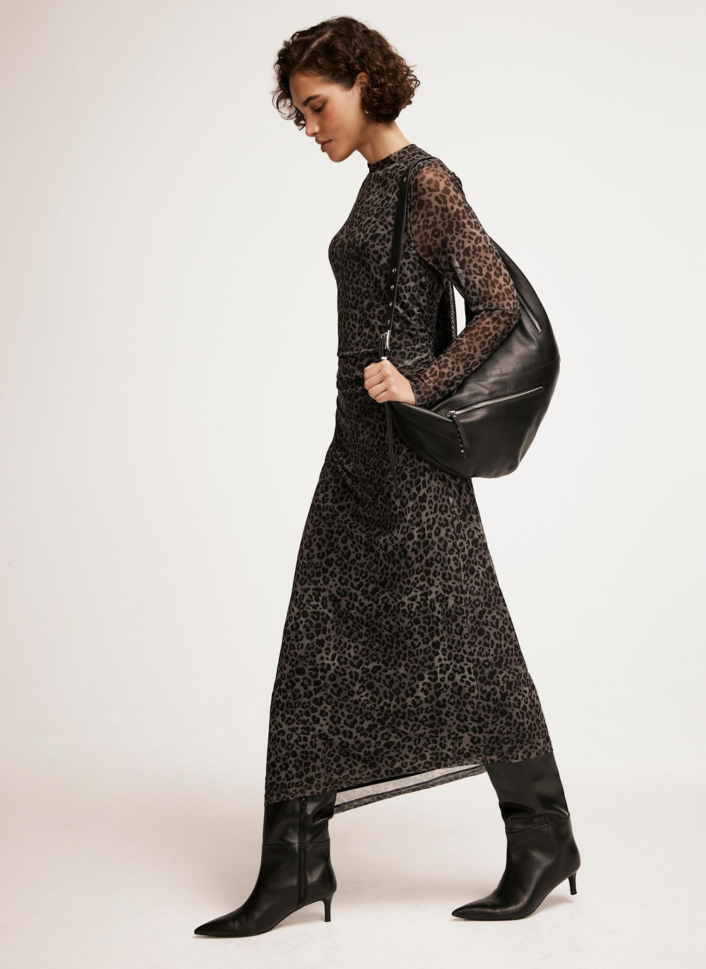 Grey Leopard Print Mesh Midi Dress