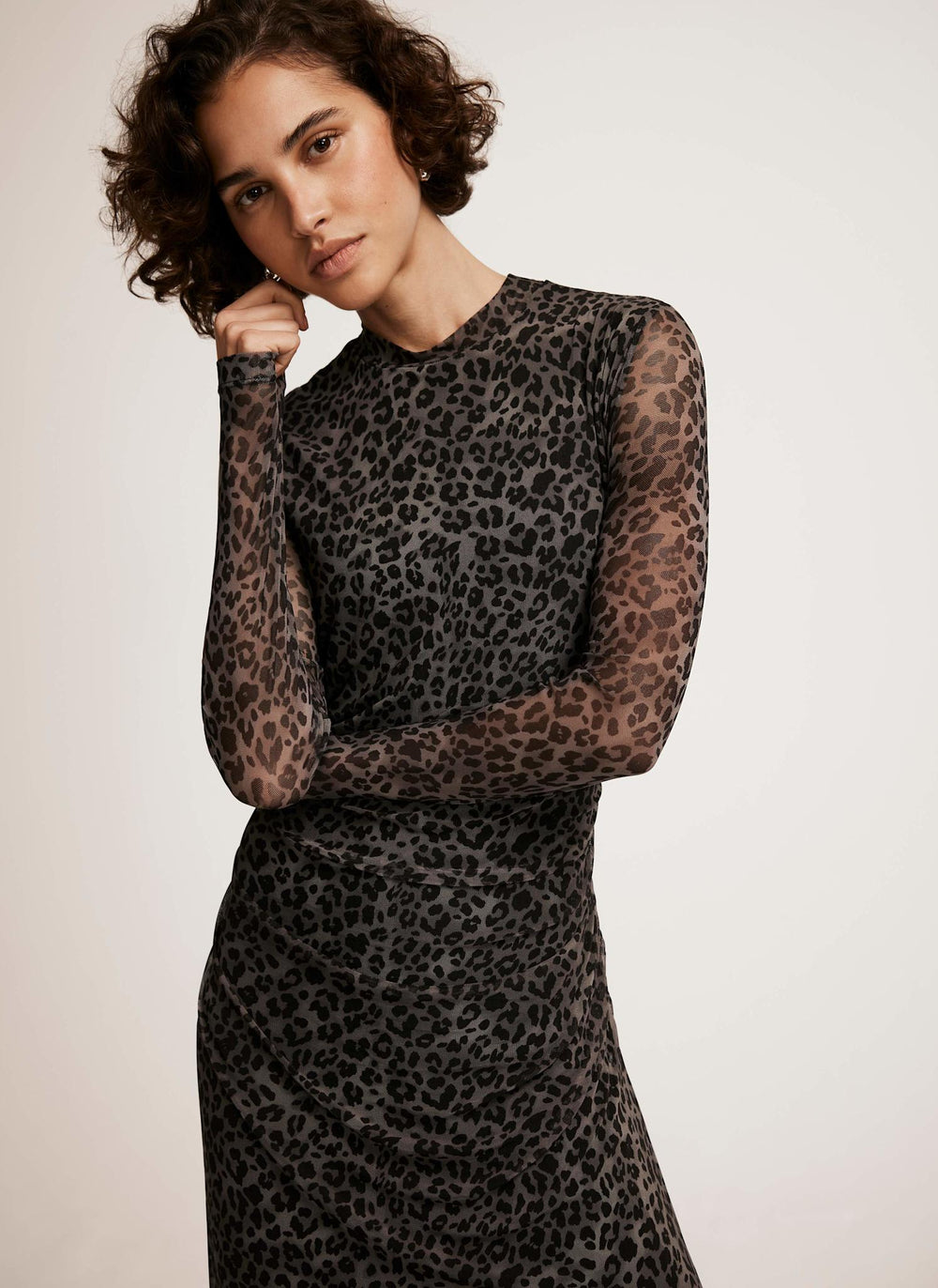 Grey Leopard Print Mesh Midi Dress