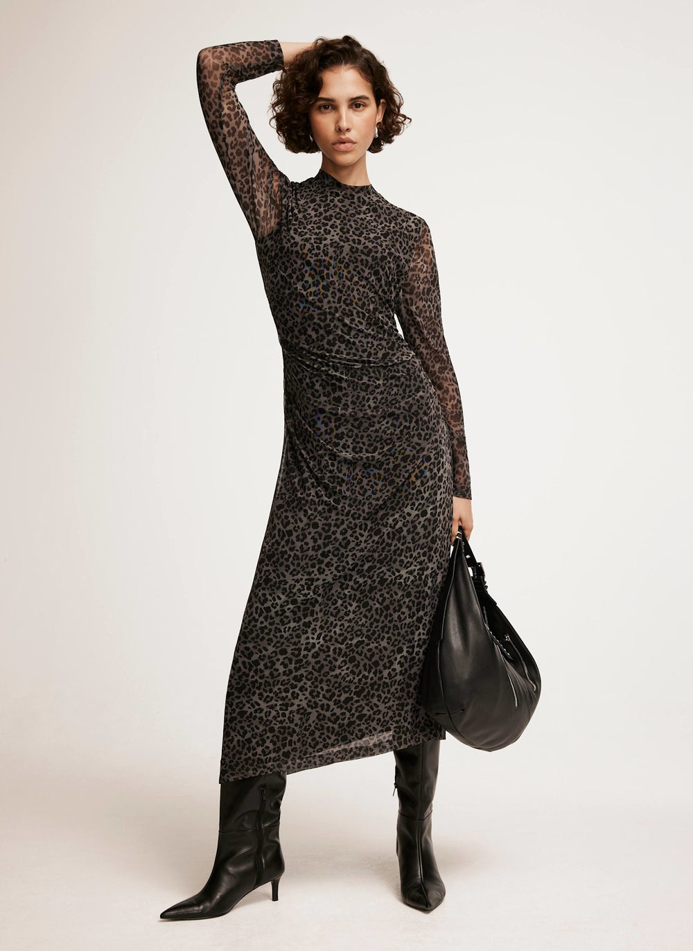 slim fit dress slacks Women's Wild Accusations Mesh Animal Print Midi Dress in Black/Grey
