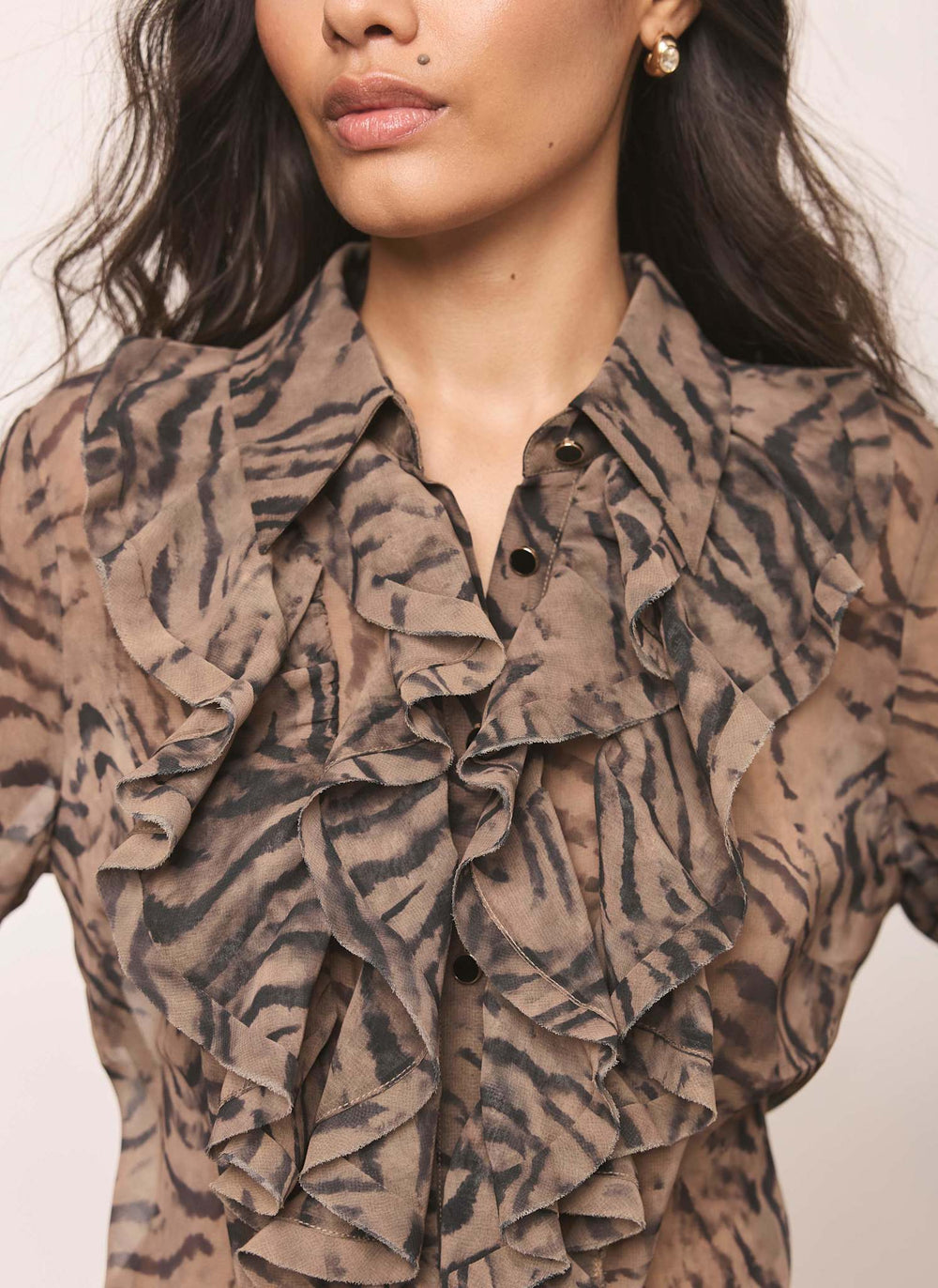 Brown Animal Print Ruffle Detail Blouse