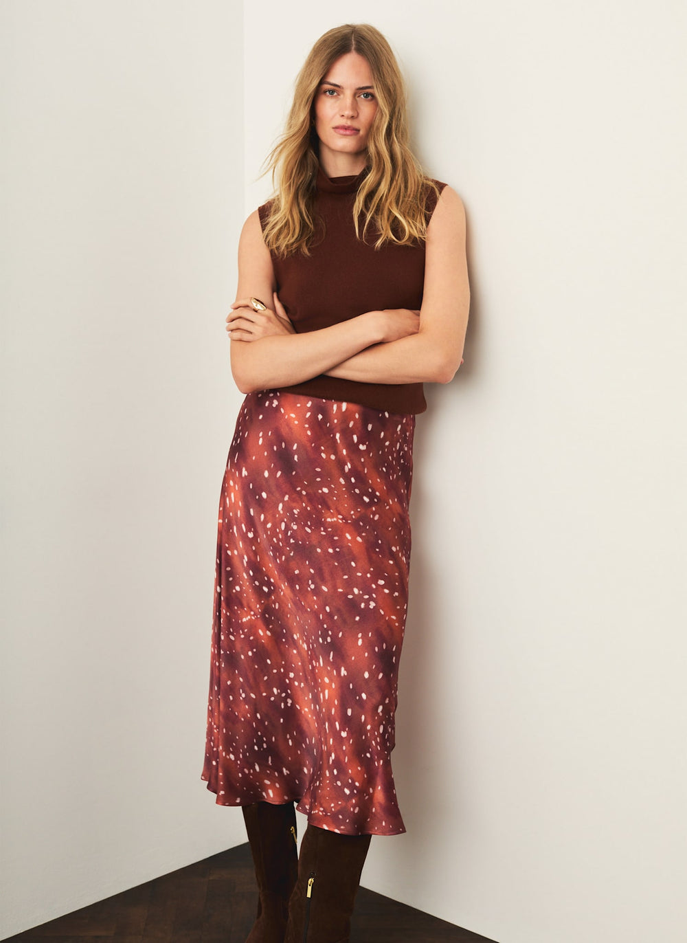 Brown Deer Print Satin Slip Skirt
