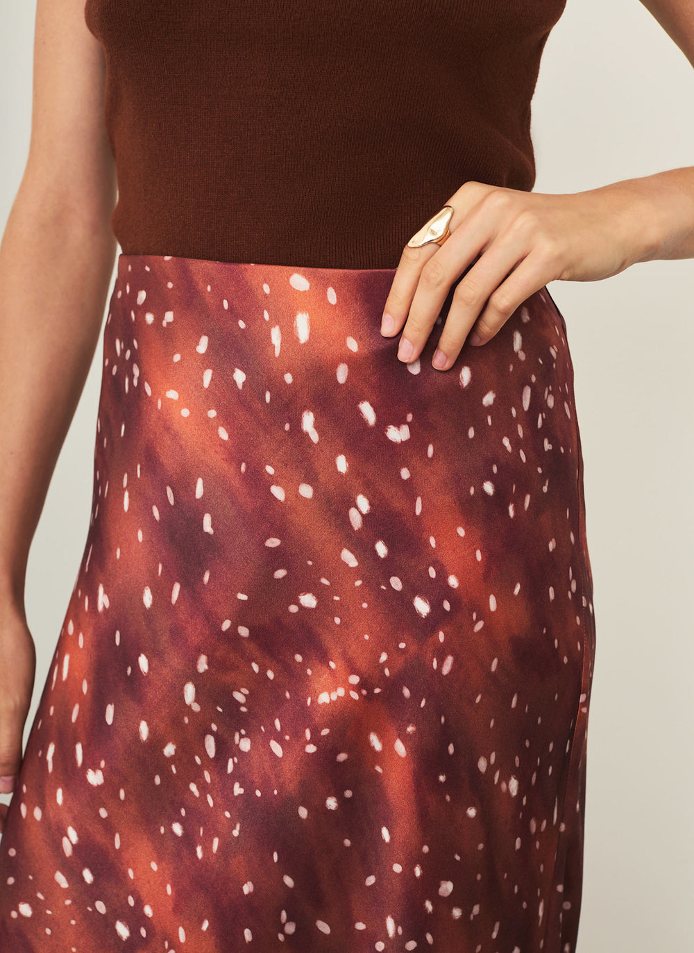 Brown Deer Print Satin Slip Skirt