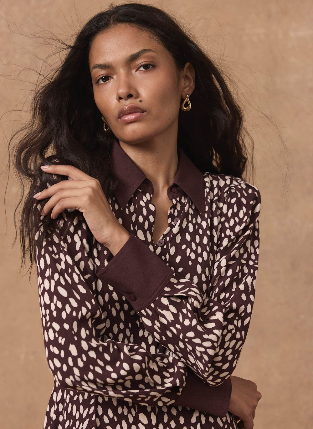 Burgundy Printed Contrast Midi Shirt Dress