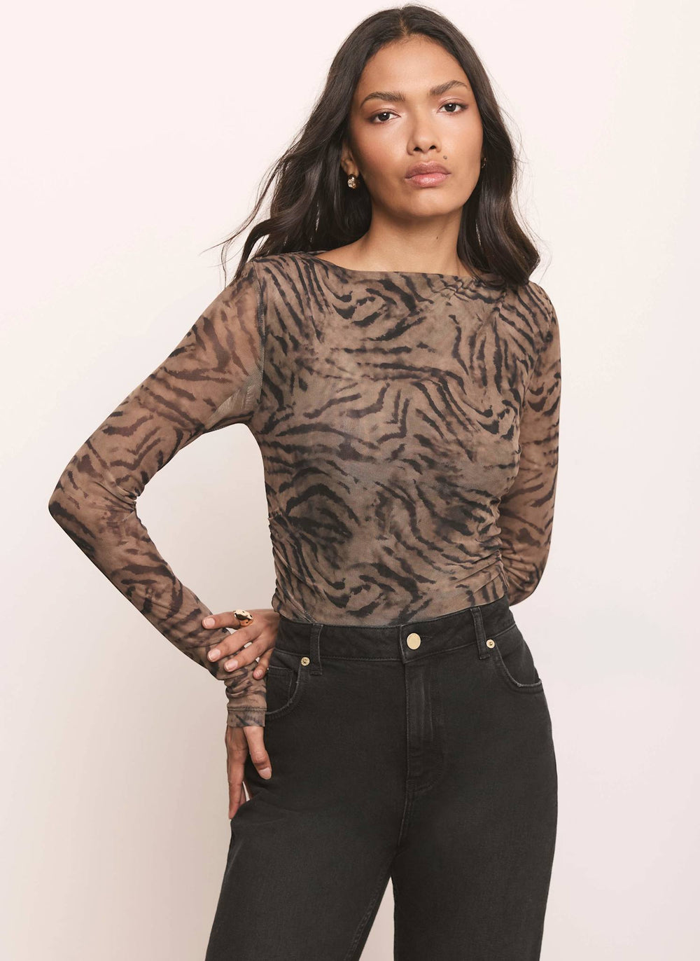 Animal Print Draped Detail Mesh Top