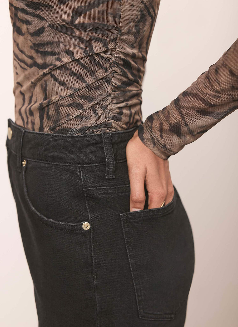 Animal Print Draped Detail Mesh Top
