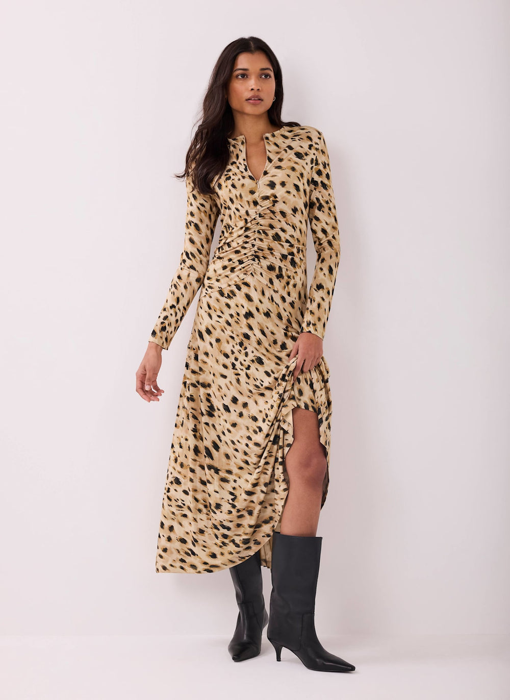 Mint Velvet Animal Print Zip Jersey Midi Dress | Size M | Gold | Long Sleeve