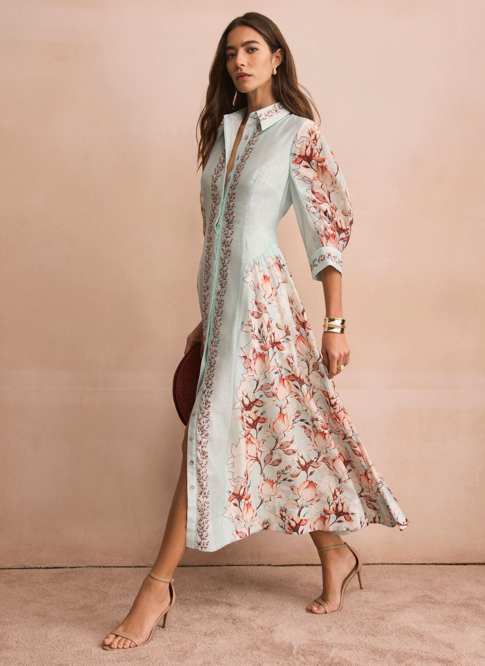 Blue Floral Print Midi Shirt Dress