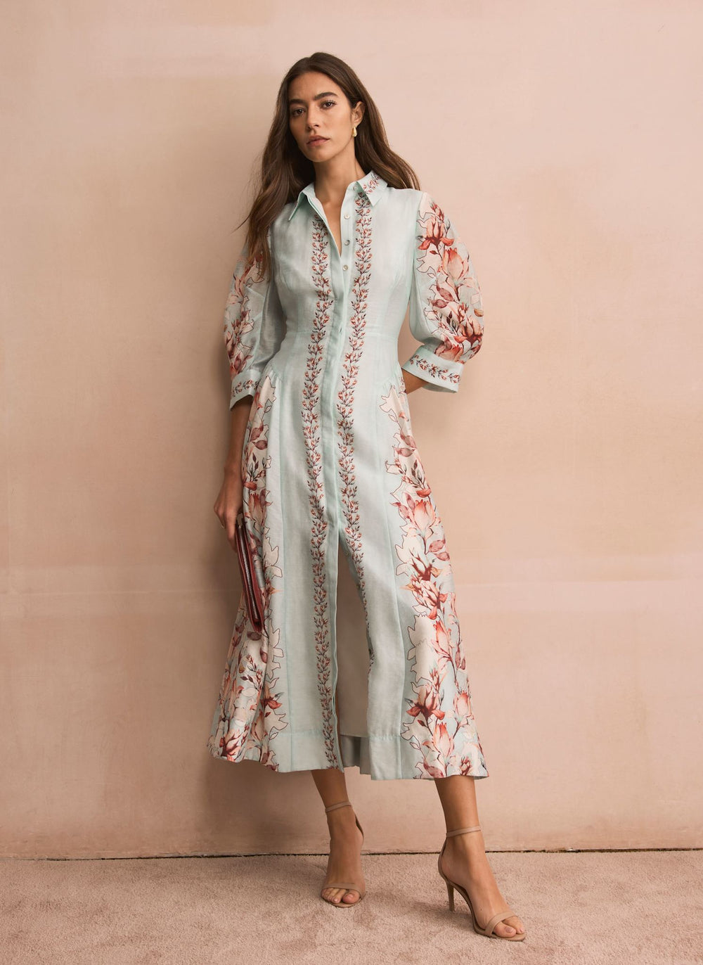 Blue Floral Print Midi Shirt Dress