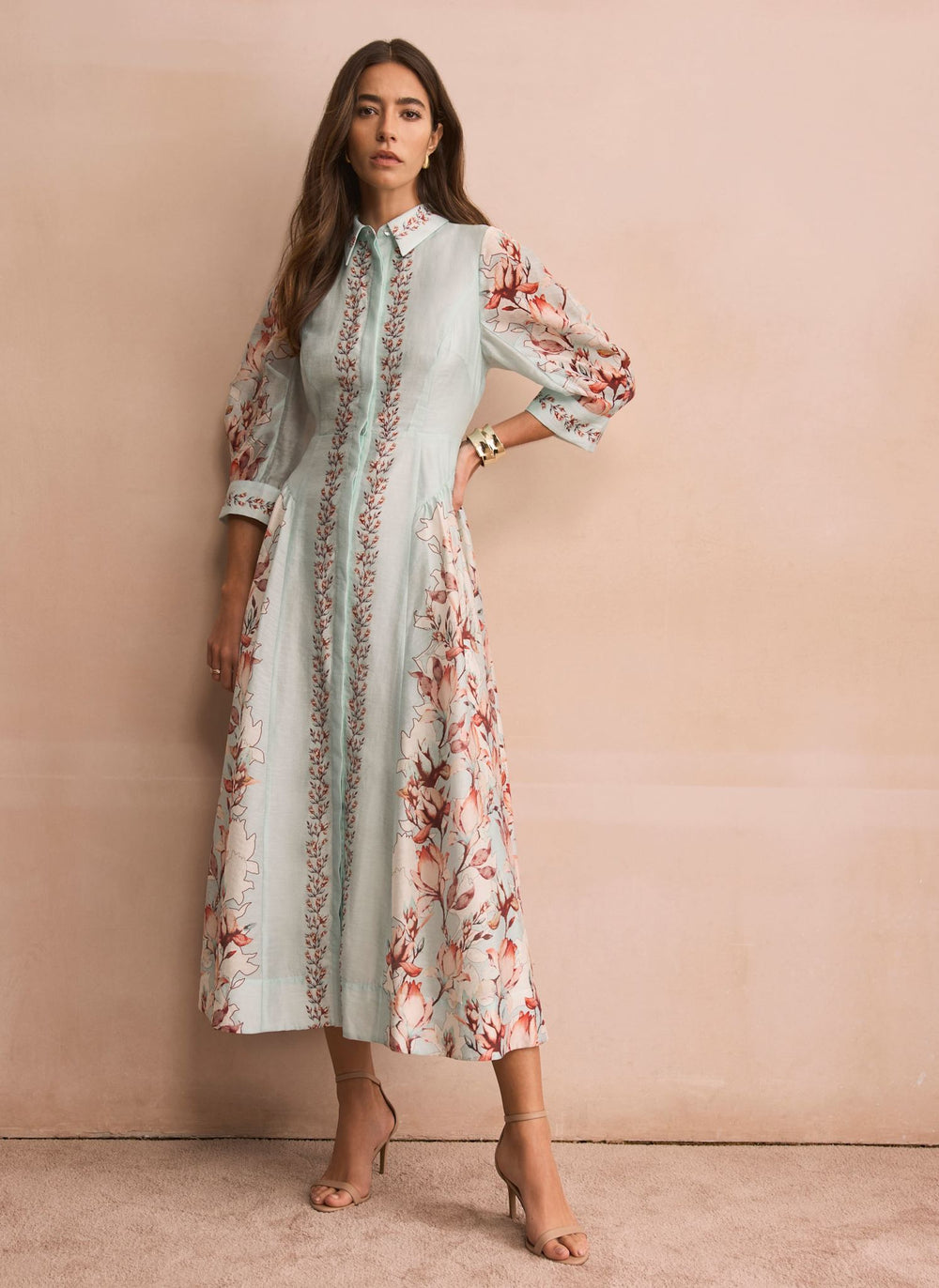Blue Floral Print Midi Shirt Dress