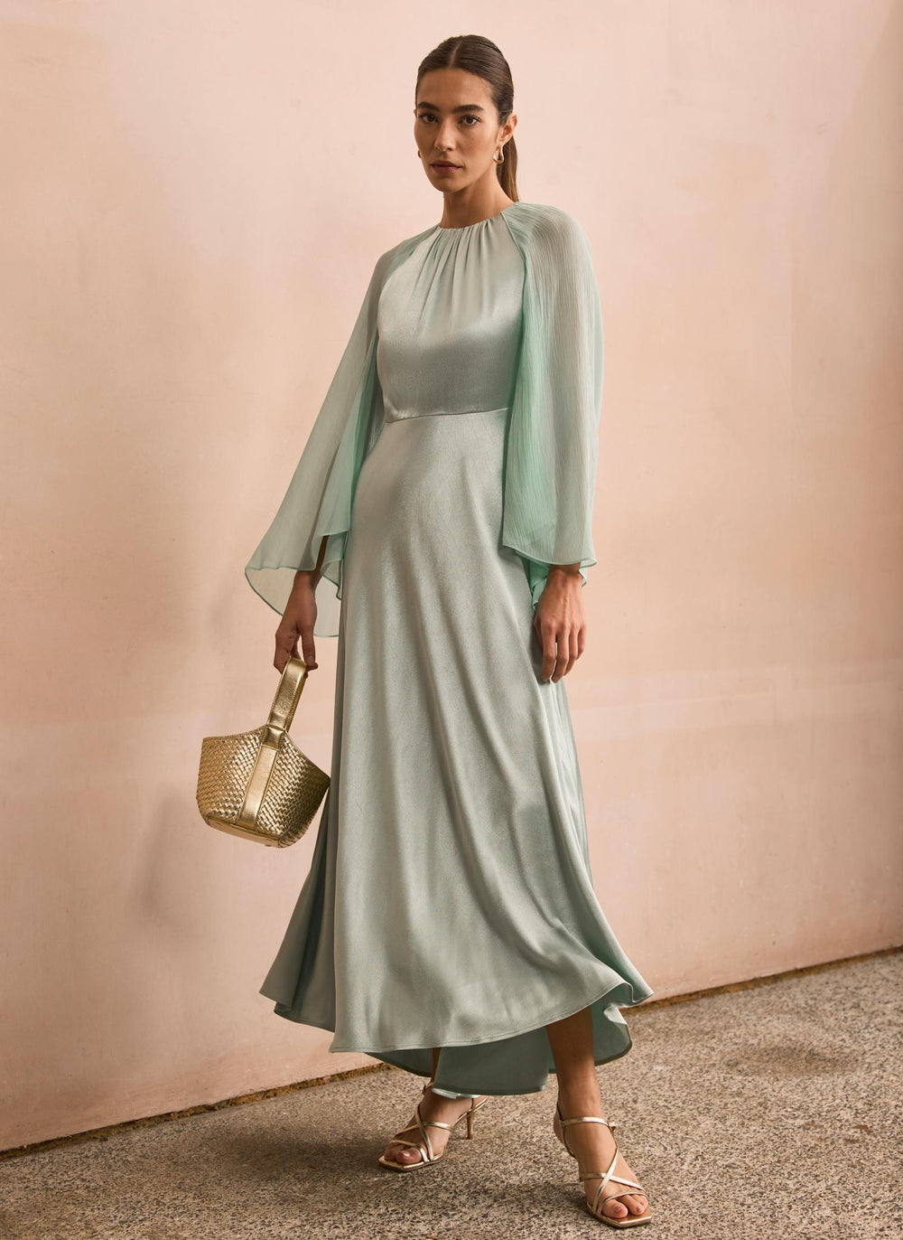 Blue Satin Cape Maxi Dress