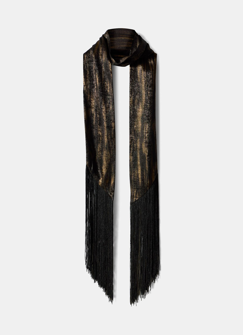Brown Print Satin Fringed Detail Skinny Scarf