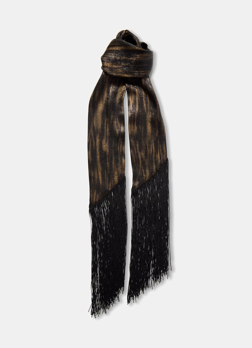 Brown Print Satin Fringed Detail Skinny Scarf