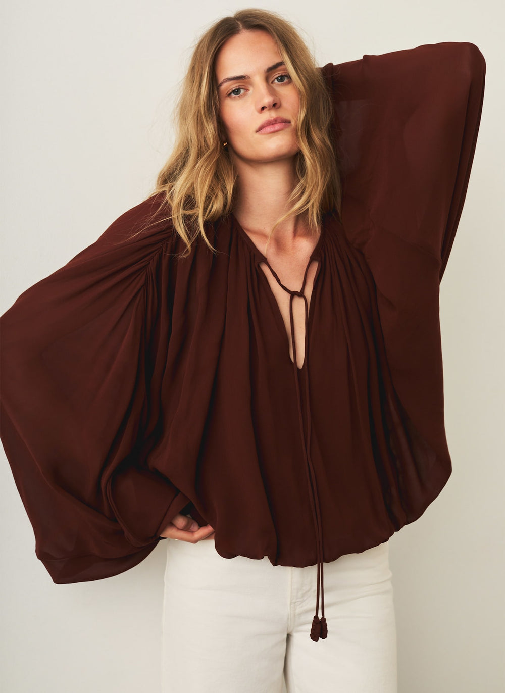 Brown Balloon Hem Blouse