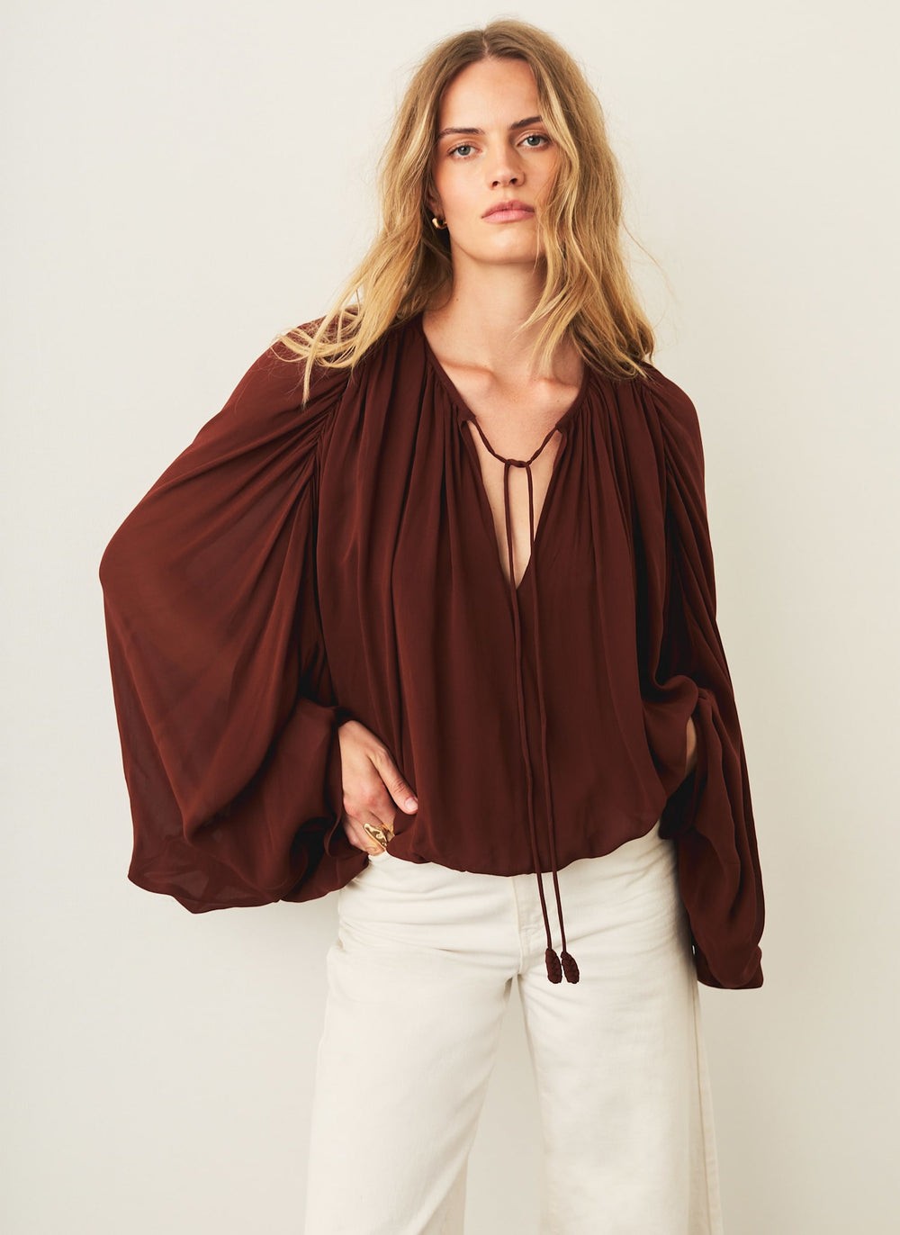 Brown Balloon Hem Blouse
