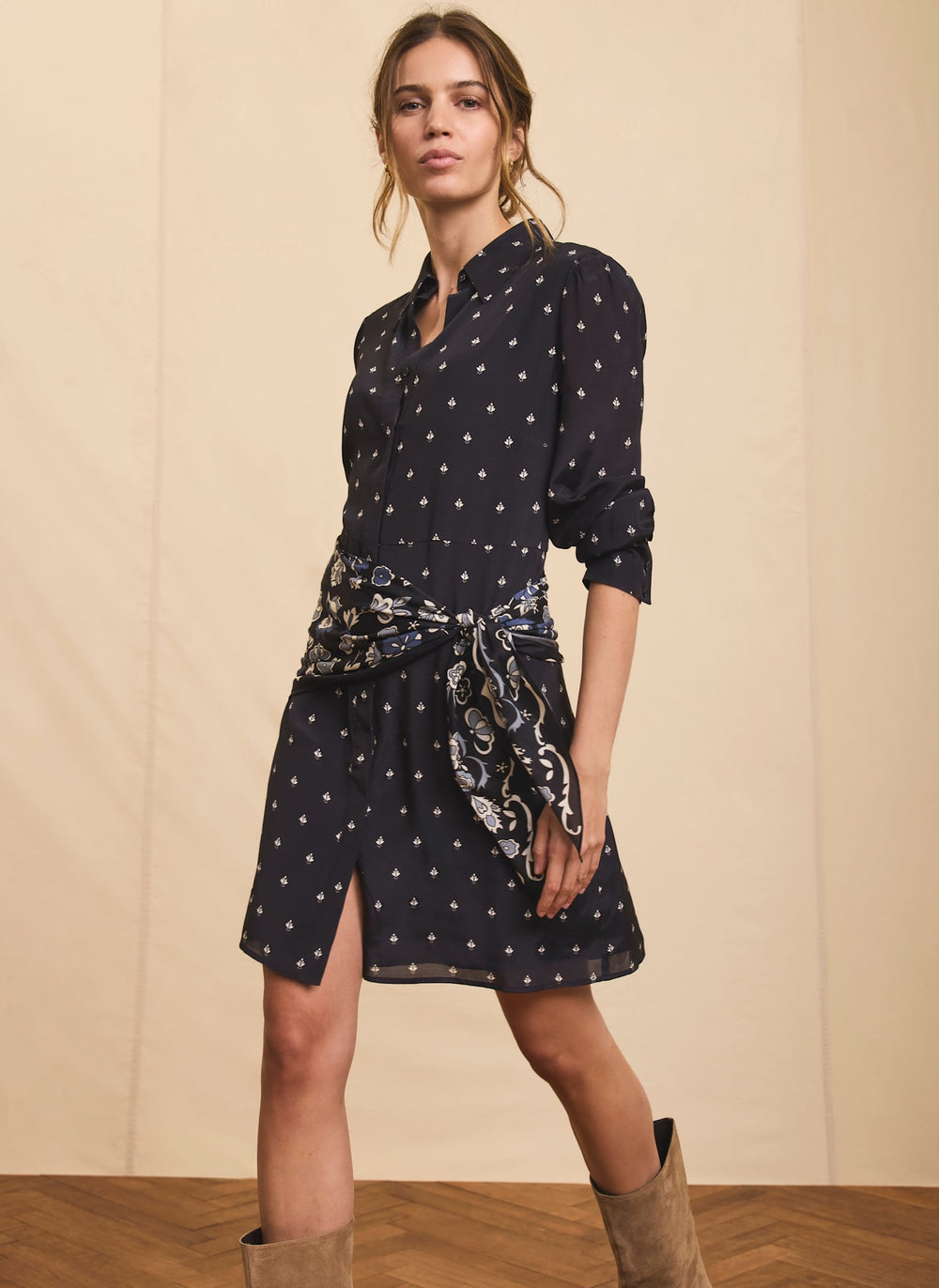 Navy Print Scarf Detail Mini Dress